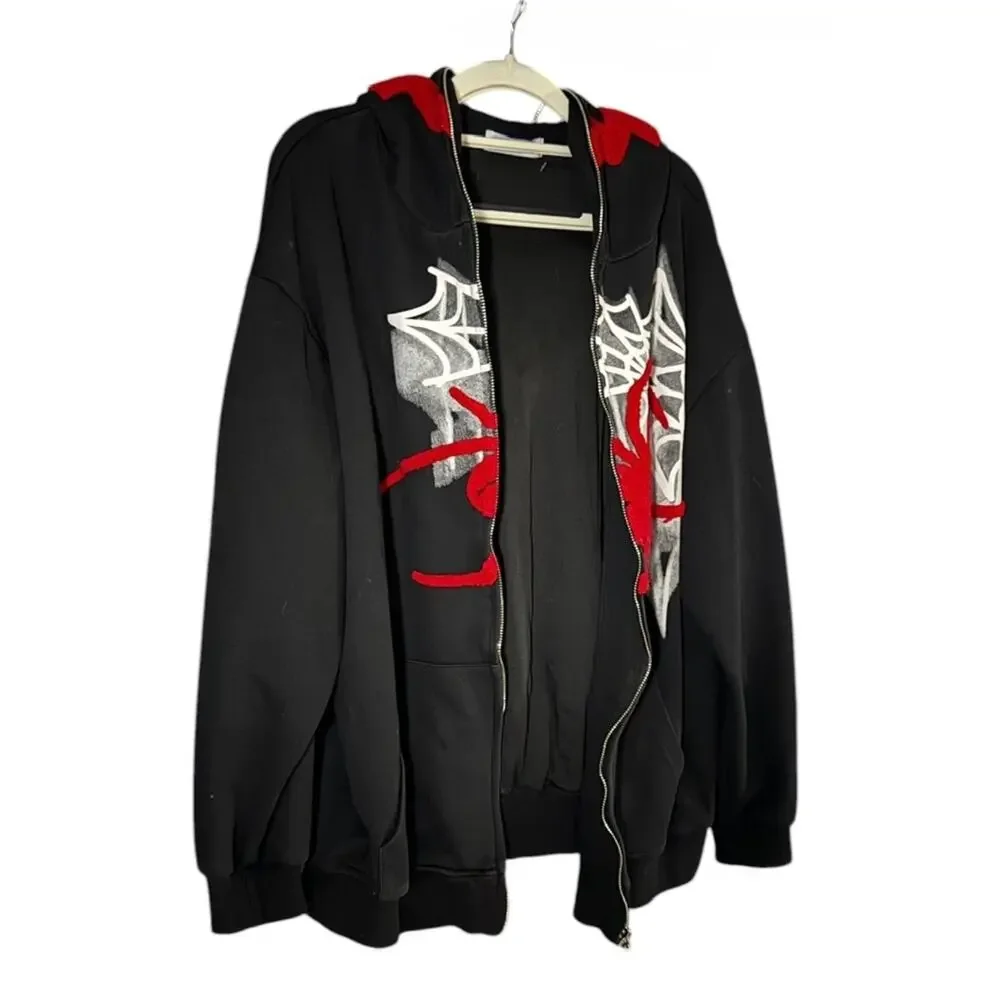 ELFRIC EDEN Spider Web Full Zip Graphic Gothic Hoodie Black Red White Size Large